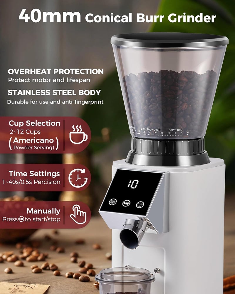 Tuni G1 Conical Burr Coffee Grinder, 48 Grind Settings Anti-static Burr Mill, Precision Electronic Timer and LED Touchscreen for Espresso/Drip/Cold Brew/French Press, Stainless Steel, Ivory - Image 2